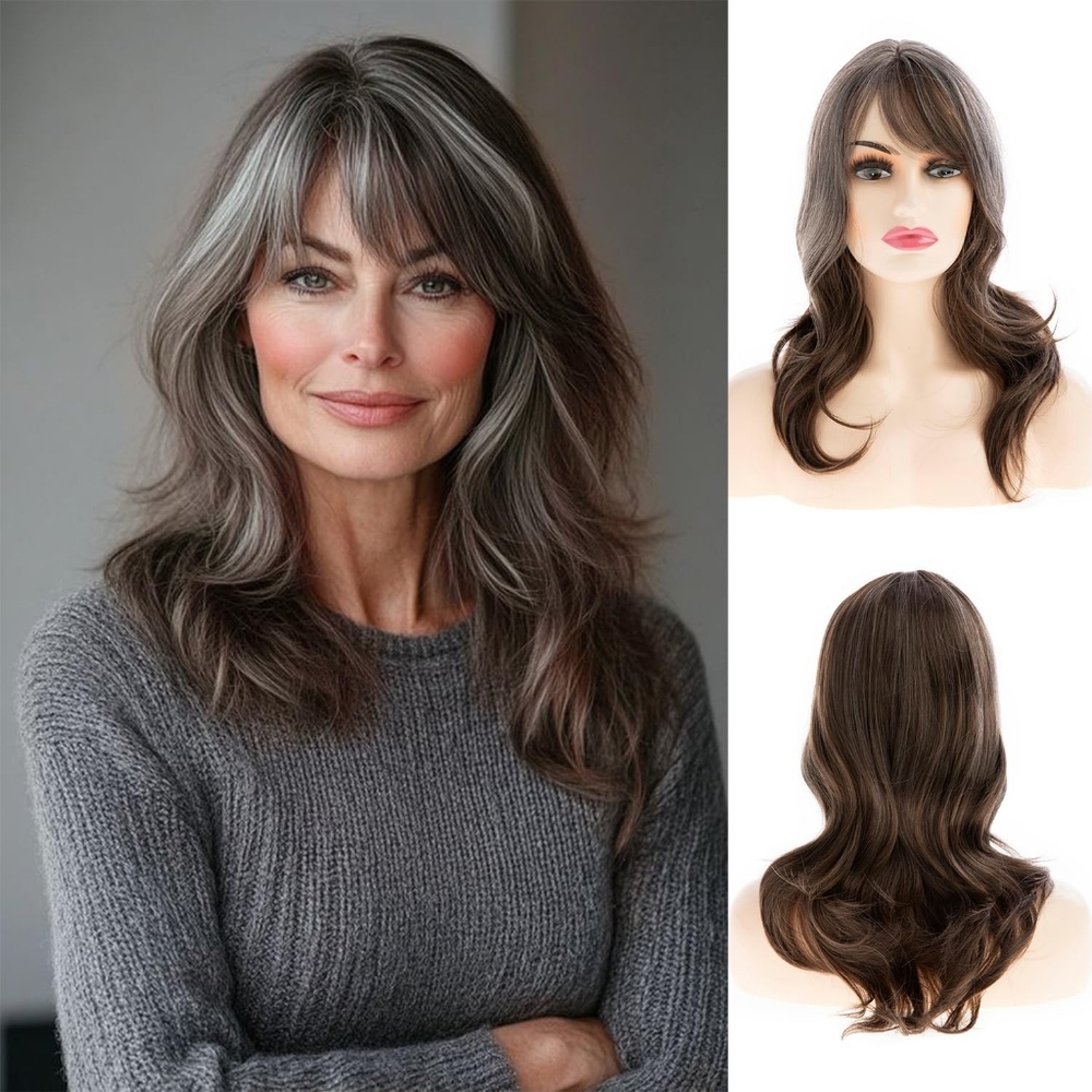 Womens Long Wavy Grey Brown Wigs‎ for Women Synthetic Heat Resistant Wig